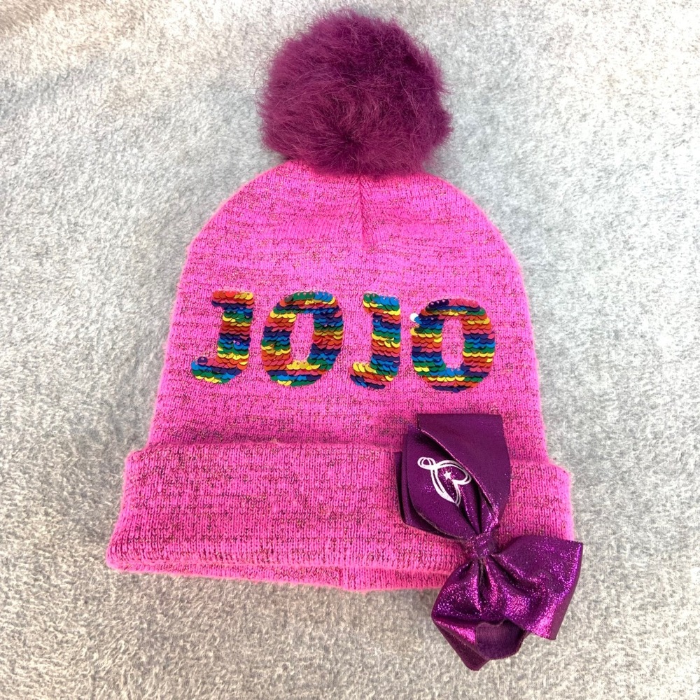 JoJo Rainbow Sequin Girls Pink JoJo Siwa Beanie Pom Metallic Bow OSFA